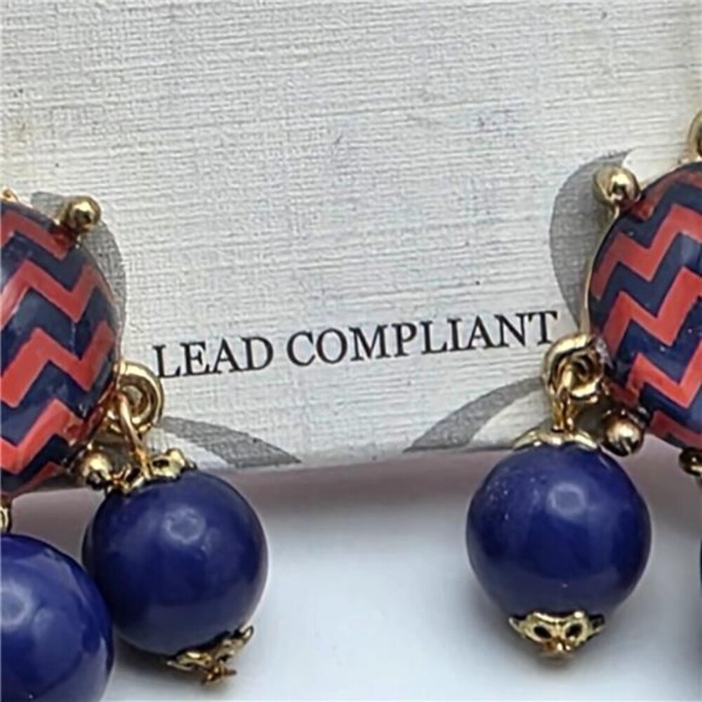 Gold Tone Rolo Chain Necklace Blue Red Chevron Bead Waterfall Bib 26” w/ Earring - Picture 5 of 7